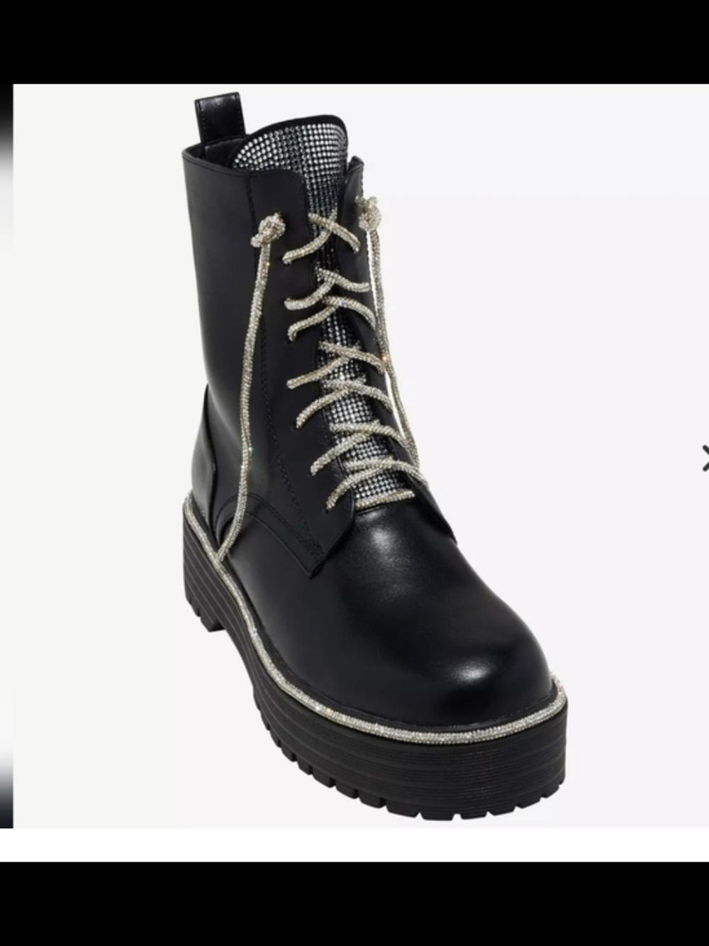 AZALEA WANG Black Rhinestone Lace-Up Platform Combat Boot